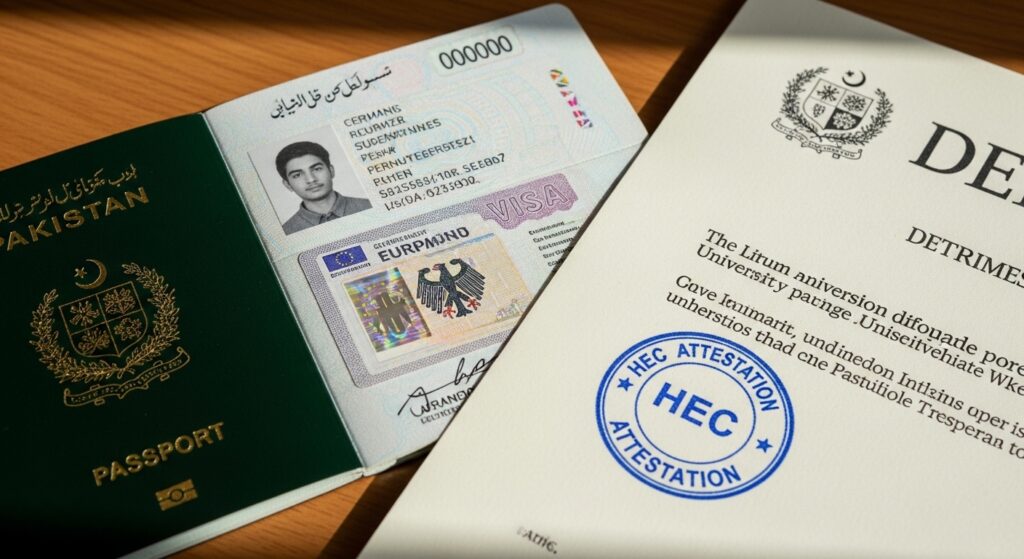 Required documentation for Pakistani students: HEC attested degree and German study visa.
