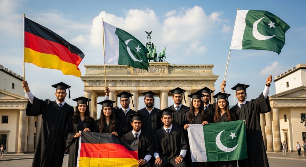 Successful Pakistani scholarship students celebrating their graduation in Berlin, Germany.
