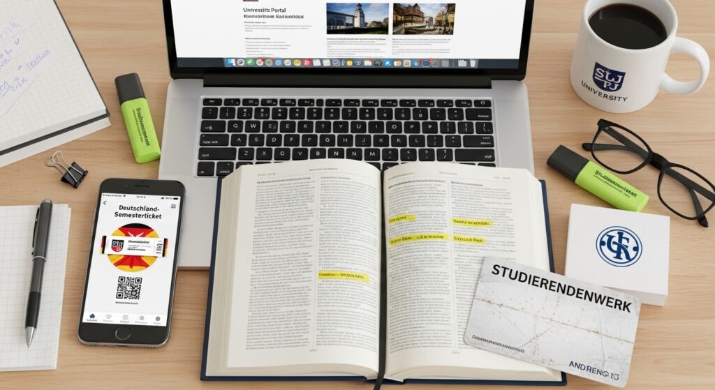 Essential items for international students in Germany 2026, including the nationwide transport ticket.