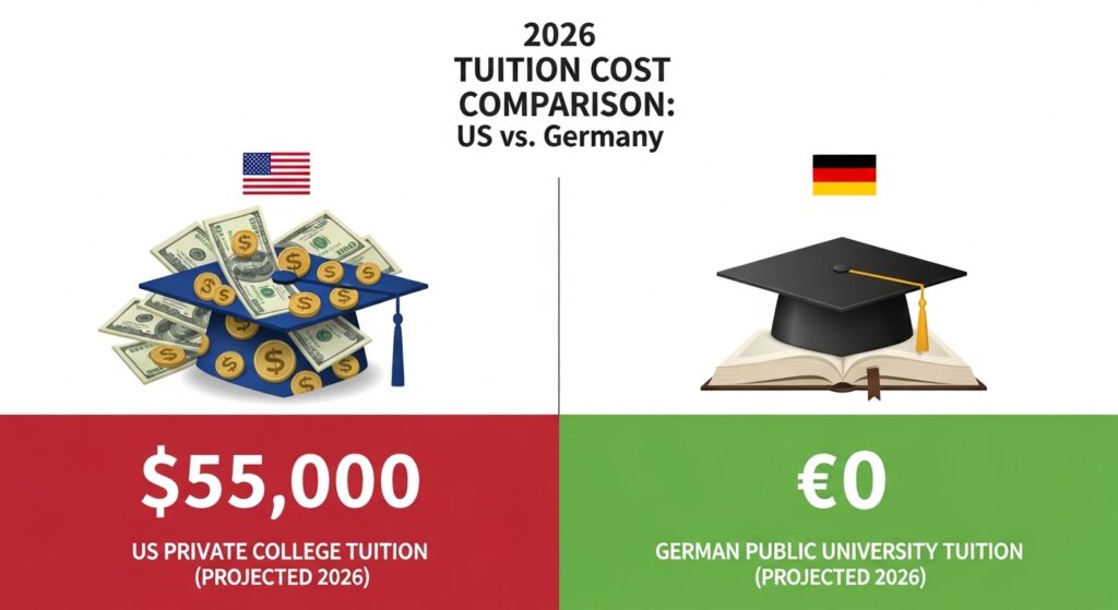 2026 Tuition comparison: Study in Germany for free vs. expensive US university costs.