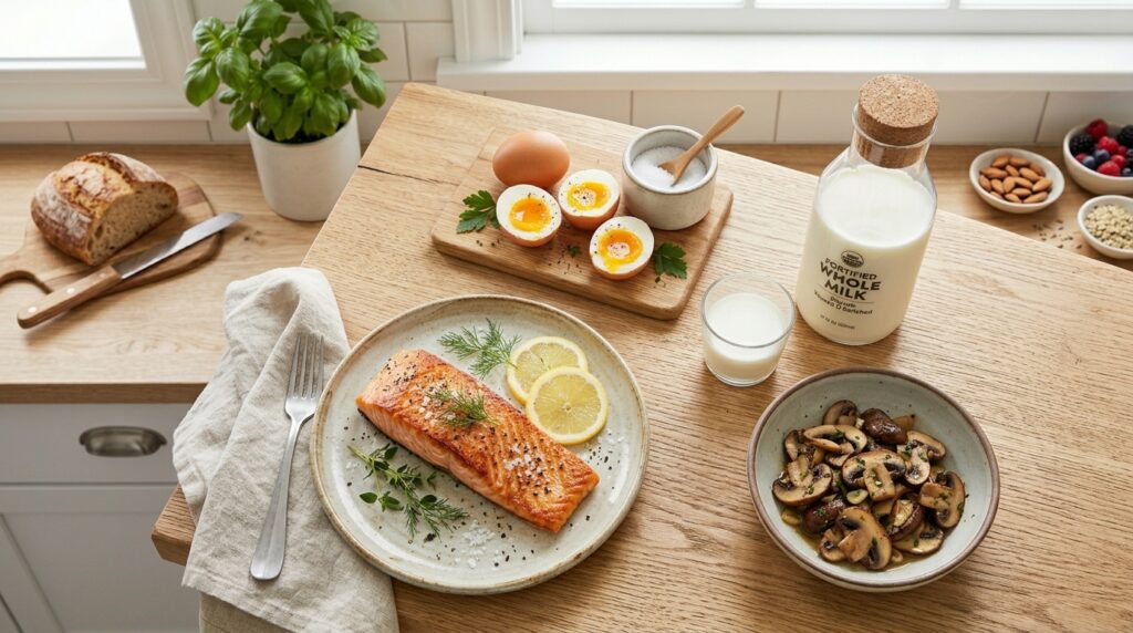 Vitamin D rich foods including salmon eggs and fortified milk