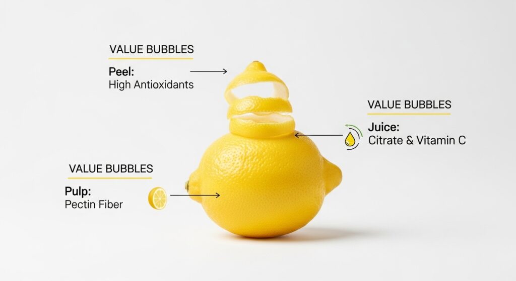 Infographic showing the nutritional components and health benefits of different parts of a lemon.