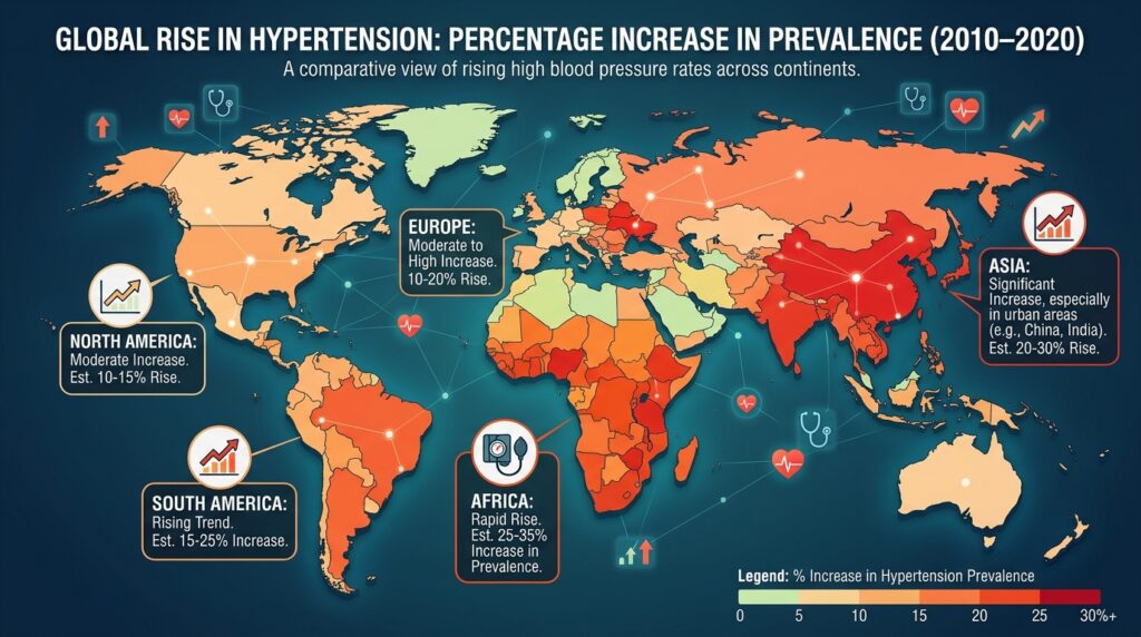 براعظموں میں ہائی بلڈ پریشر میں اضافے کو نمایاں کرنے والا عالمی نقشہ