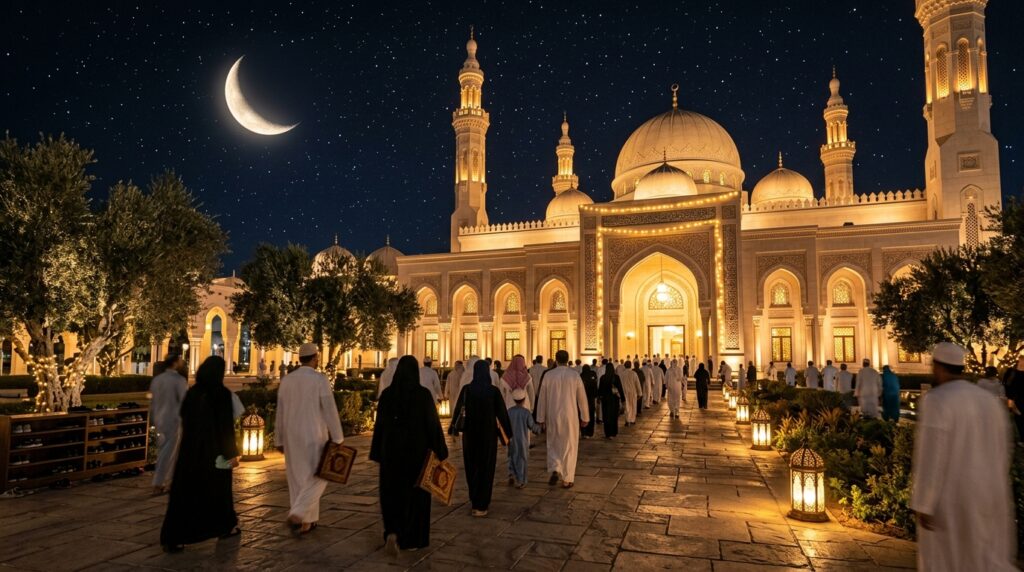Laylat al-Qadr night scene during Ramadan with mosque illuminated under crescent moon as Muslims gather for late-night prayers.