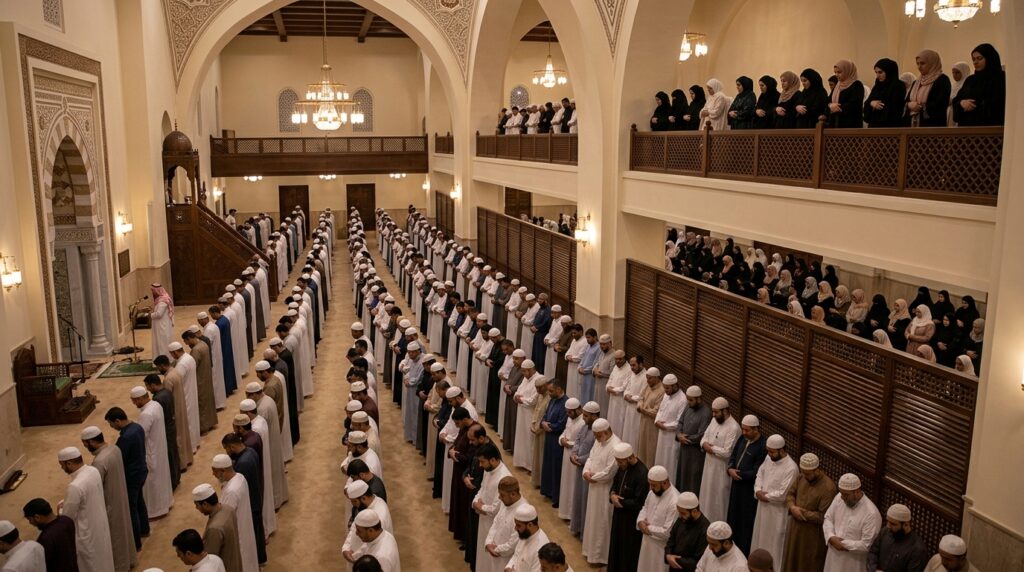 Muslims performing night prayers in a mosque during Laylat al-Qadr in the last ten nights of Ramadan.
