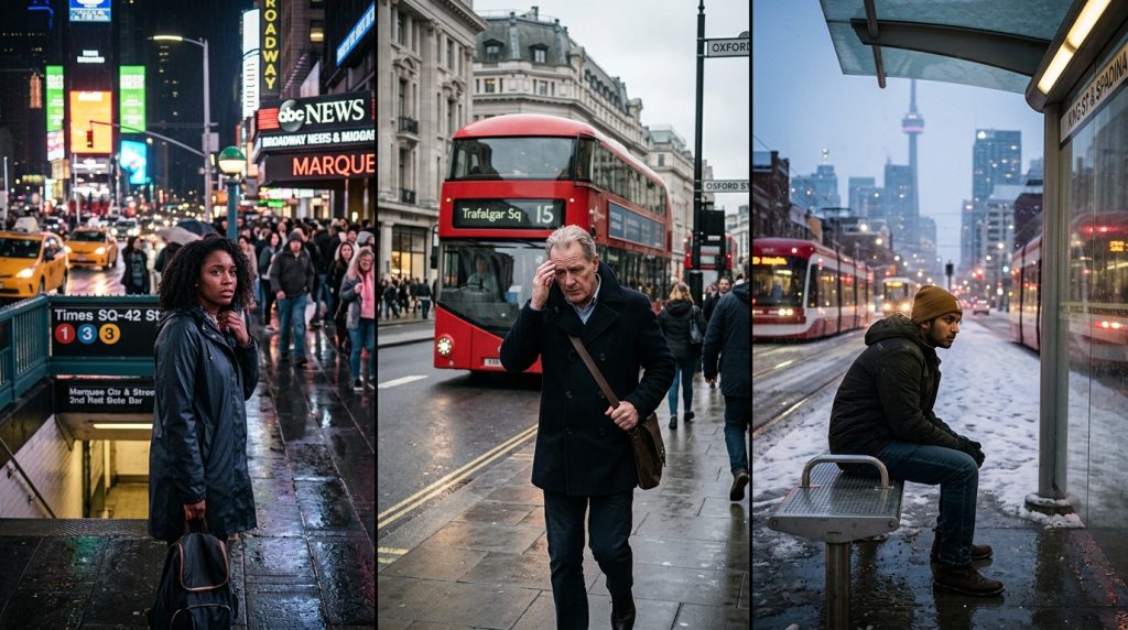People in major Western cities reflecting on stress, uncertainty, and modern life challenges