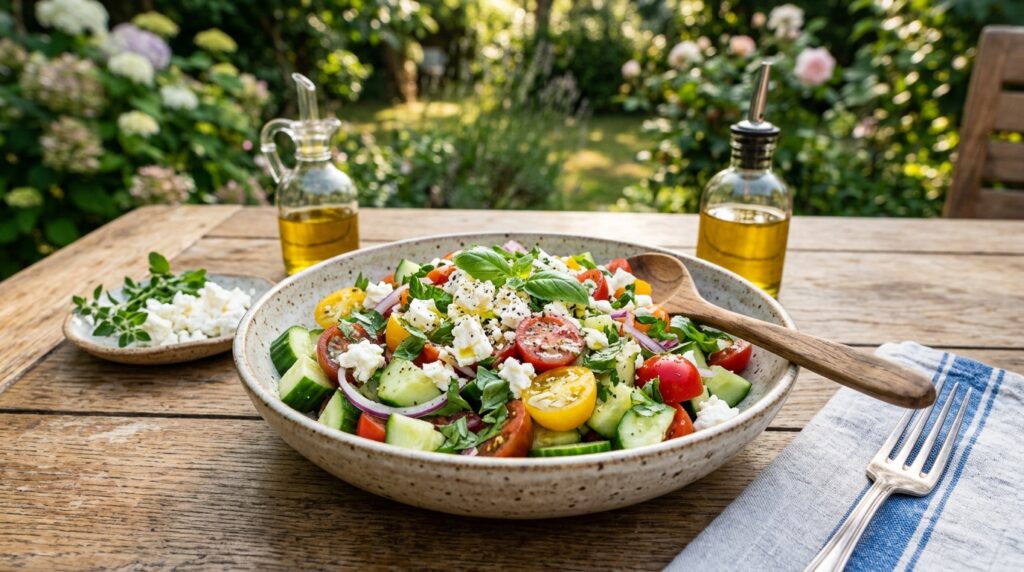 Fresh Mediterranean-style cucumber salad with feta cheese.