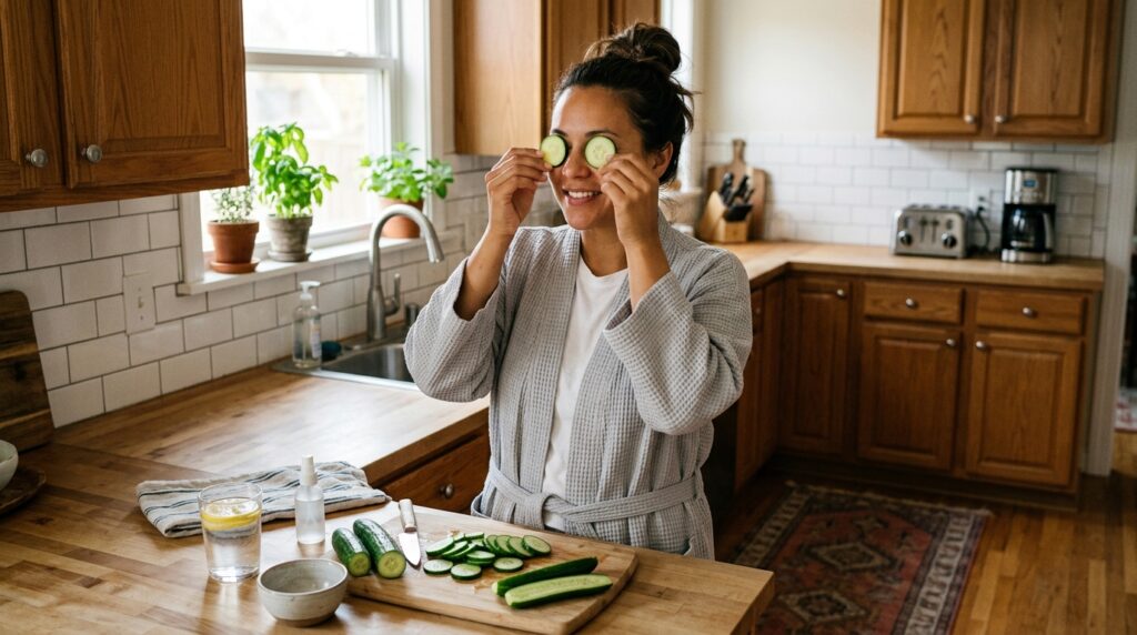 Woman using cucumber slices on eyes for natural skincare at home.