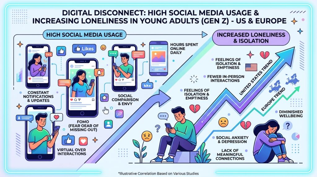 Happiness.Correlation between high social media usage and increased loneliness among young adults in the United States and Europe,