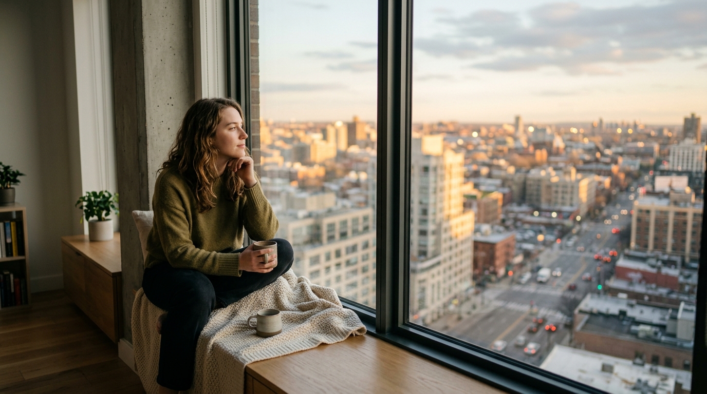 A person sitting by a window reflecting on mental health in an urban setting.