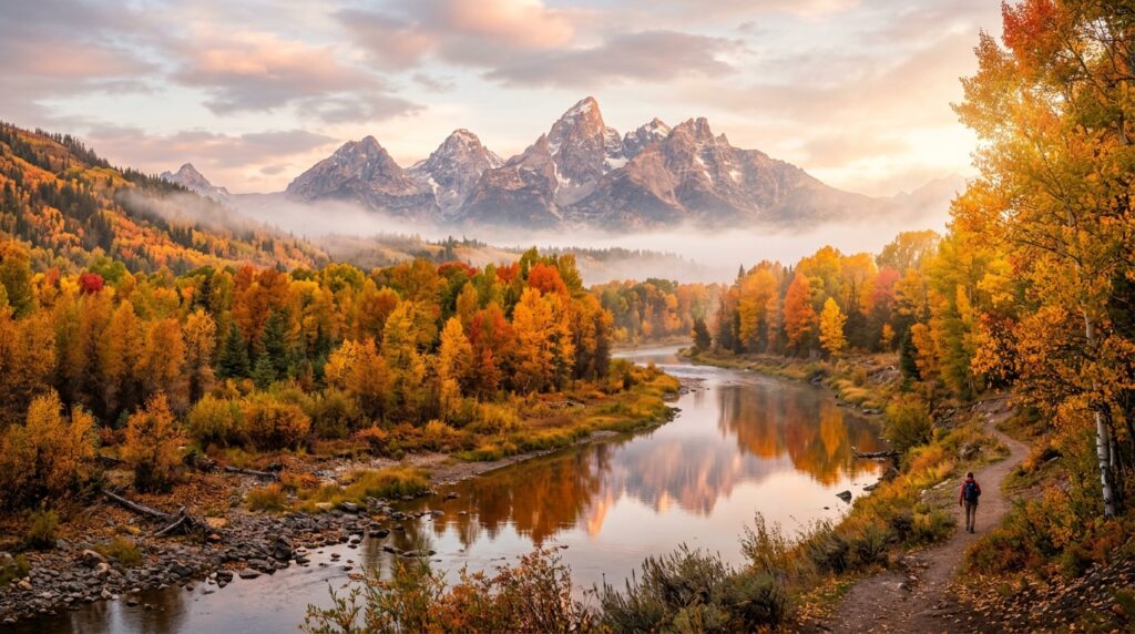 Panoramic golden autumn landscape with red and orange trees reflecting in a calm river under soft morning mist.