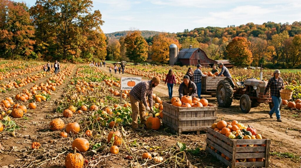 Autumn pumpkin field with orange pumpkins and farmers harvesting in sunlight.