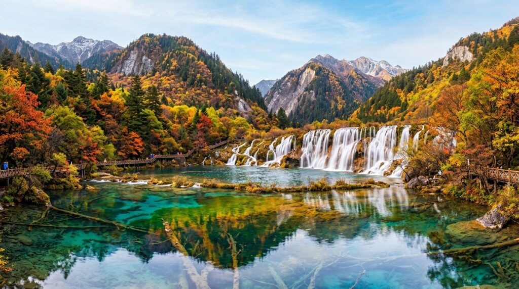 Jiuzhaigou Valley in autumn with colorful lakes, waterfalls, and vibrant forests.