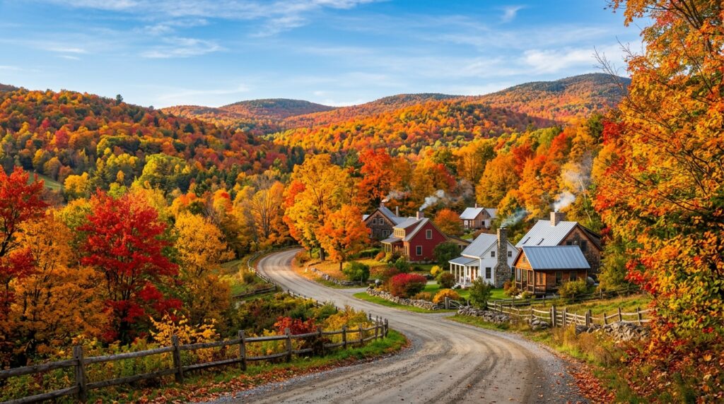 Vermont maple forest in autumn with red and gold leaves, winding road, and small cottages.