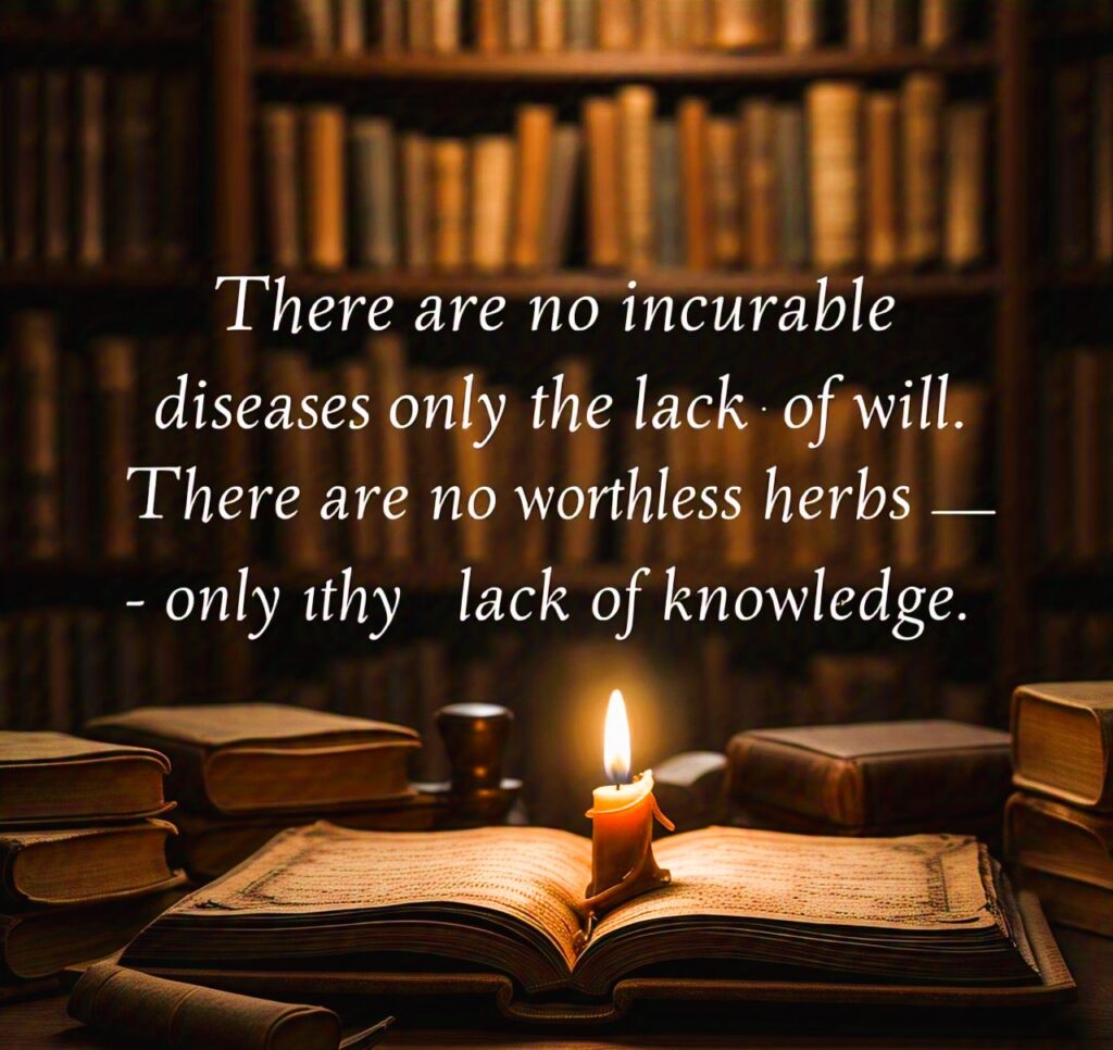 There are no incurable diseases only the lack of will. There are no worthless herbs only the lack of knowledge