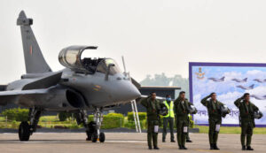 The induction ceremony for the first batch of France manufactured five Rafale jets into the Indian Air Force's Golden Arrows Squadron took place at the Ambala Air Force base. 200 kilometre from New Delhi on Thursday September 10, 2020. Indian Defence Minister Rajnath Singh with French counterpart Florence Parly witnessed the event. (Photo by Sondeep Shankar/Getty Images)