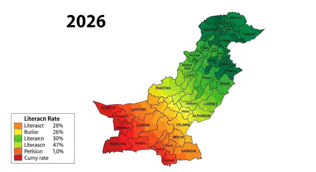 Map of Pakistan Literacy Rates 2026 showing provincial education disparities.