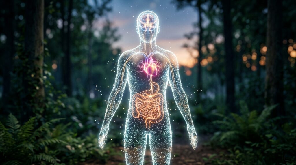Abstract visualization of whole-person health showing the interconnectedness of the gut, heart, and brain within a natural environment.