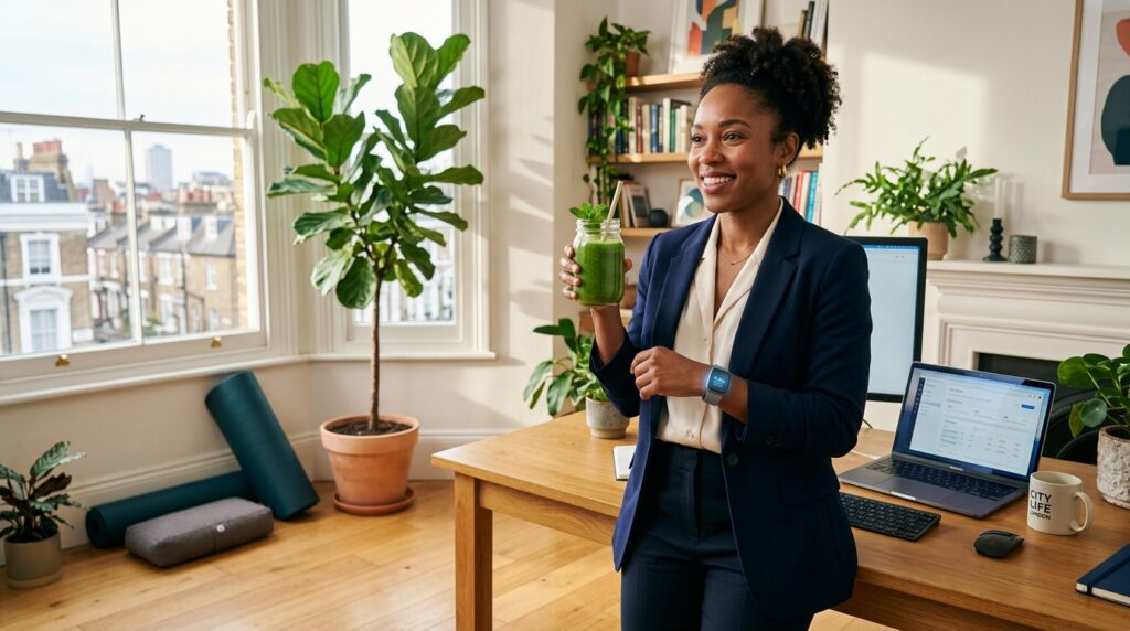 A person balancing professional work with whole-person health habits, including nutrition and wearable technology in a modern home setting.