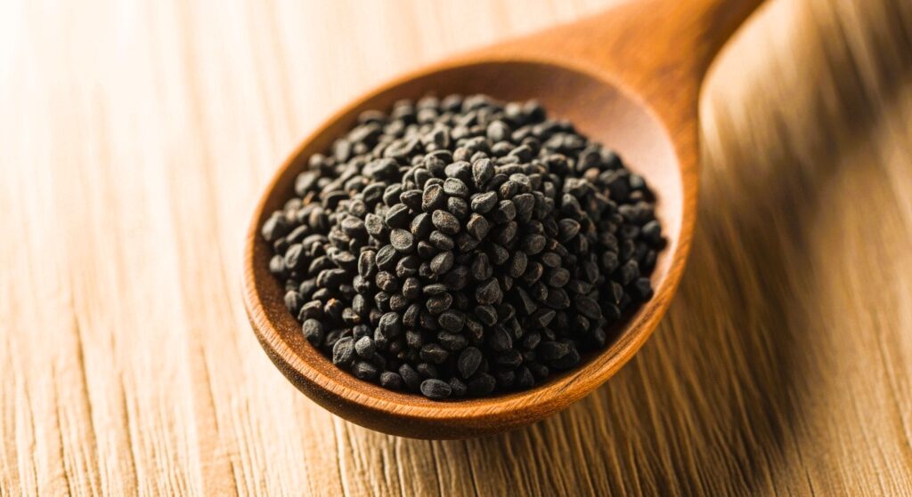 Close-up of black seeds (Nigella sativa) in a wooden spoon on a rustic table