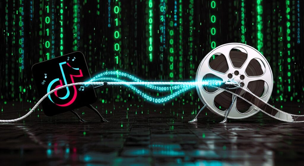 Illustration representing the conflict between ByteDance and Hollywood over AI video copyright.