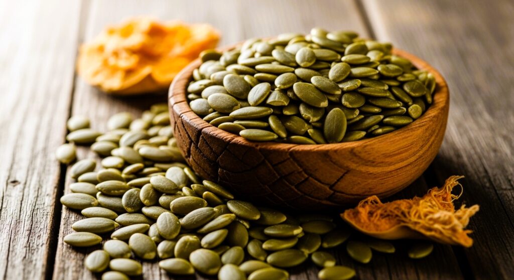 Raw pumpkin seeds in a wooden bowl on a wooden table
