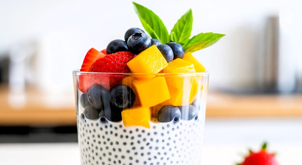 Glass of basil seed pudding with fruits on top, fresh and appetising