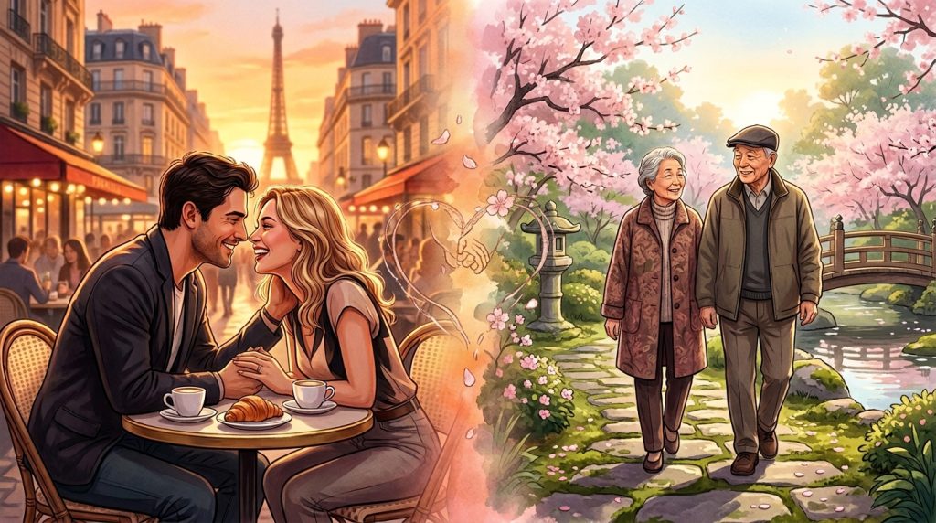 Split-screen illustration comparing love in European culture (passionate café couple) vs. Eastern culture (companionate elderly couple walking in sync) for cross-cultural research on the meaning of love