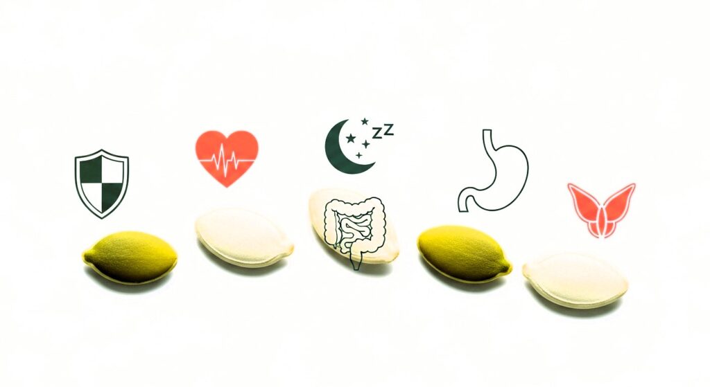 Health benefits of pumpkin seeds including immunity, heart health, and sleep support