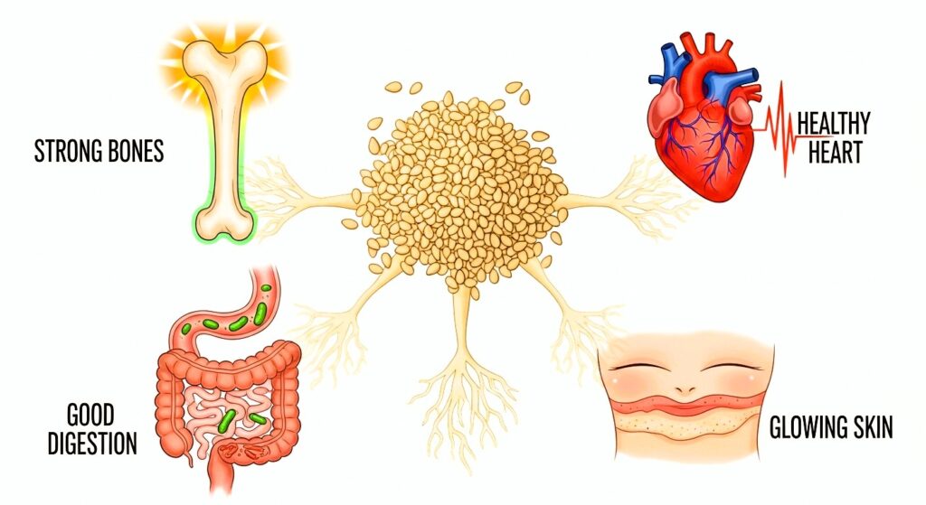 Health benefits of sesame seeds for bones, heart, digestion, and skin.