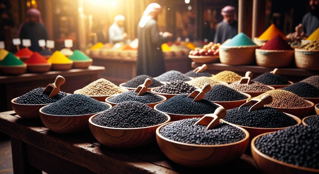 Black seeds displayed in traditional Middle Eastern spice market setting