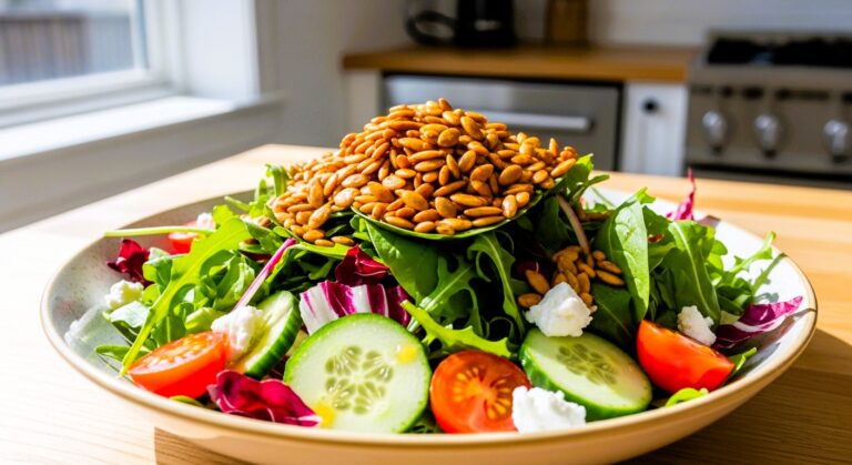 Roasted pumpkin seeds added to a fresh salad