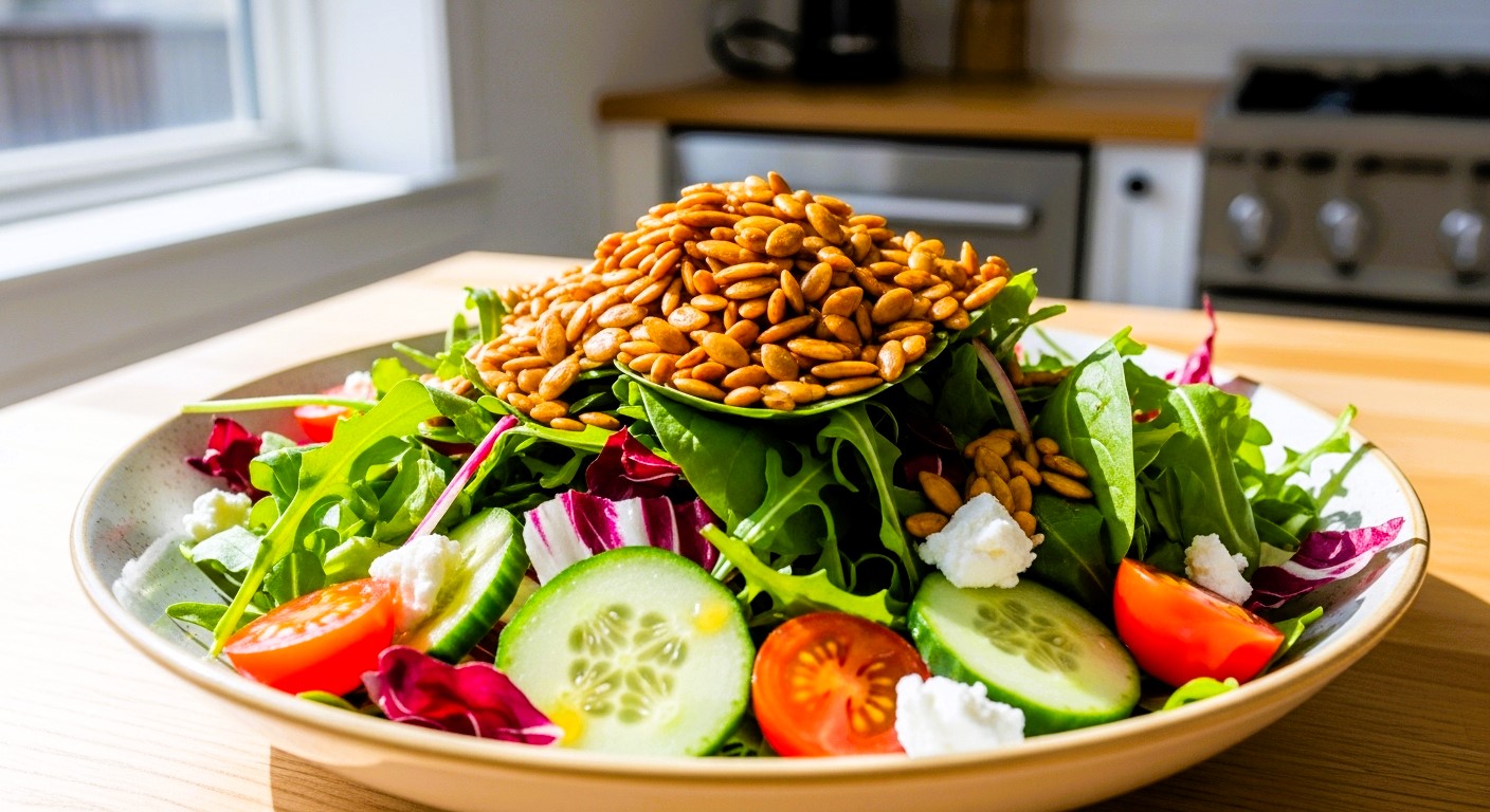 Roasted pumpkin seeds added to a fresh salad