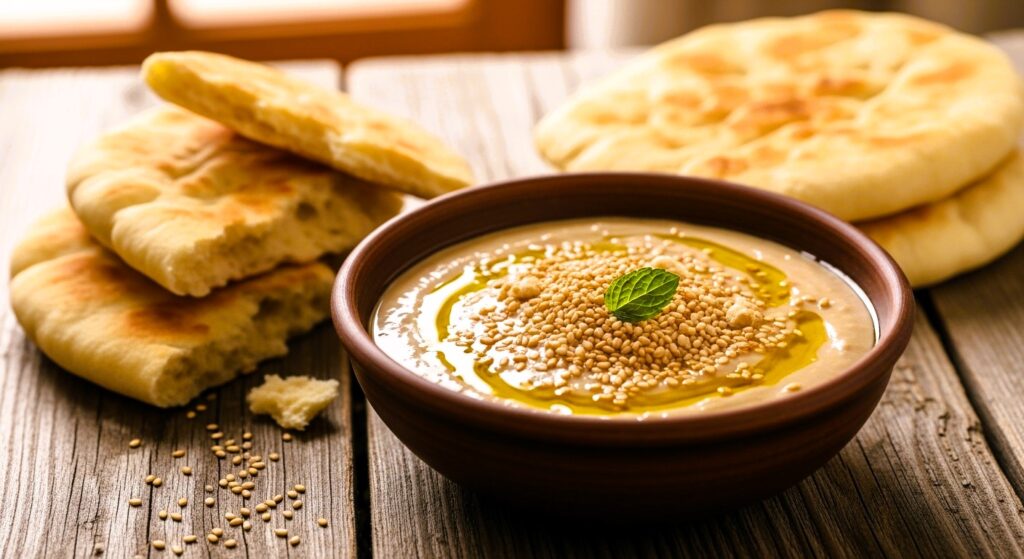 Tahini paste made from sesame seeds served with flatbread.
