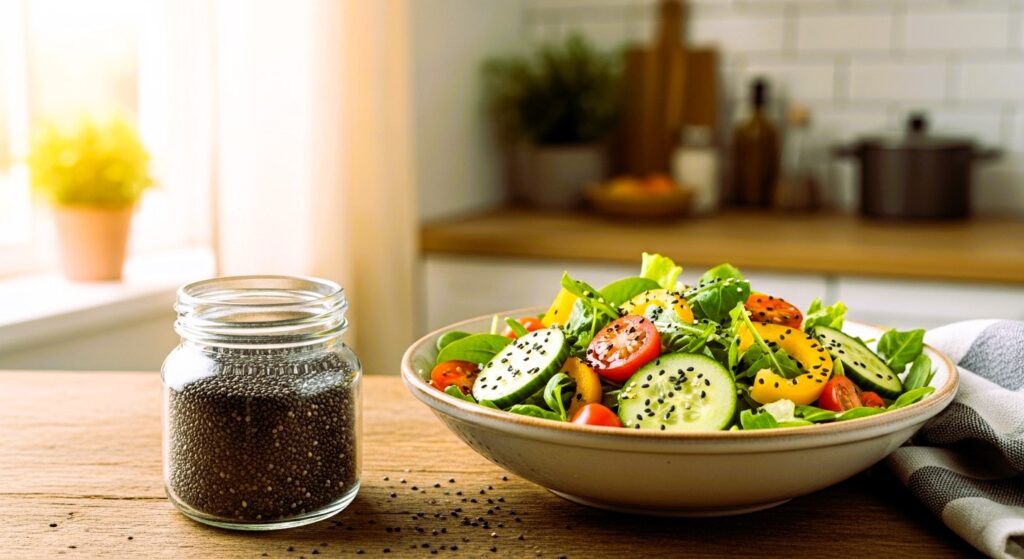 Black seeds sprinkled on salad with a small jar in the background