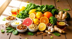 Assorted immune‑boosting foods displayed on a wooden table.