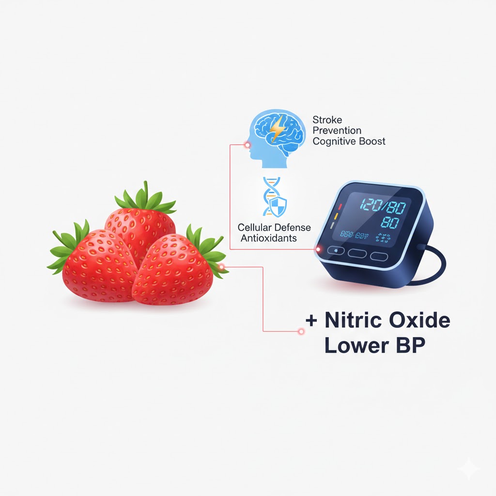 An infographic showing strawberries next to a blood pressure monitor and a brain icon, highlighting the cardiovascular and stroke-prevention benefits of a berry-rich diet.