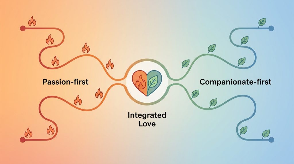 Diagram of dual-pathway model of love showing European passion-first and Eastern companionate-first paths merging into an integrated understanding for global research