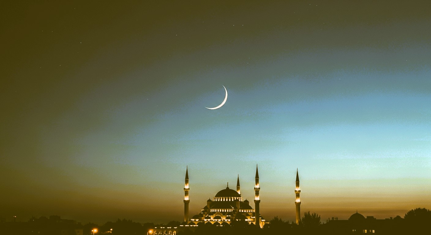 Crescent moon over mosque during Ramadan night, peaceful and reflective atmosphere