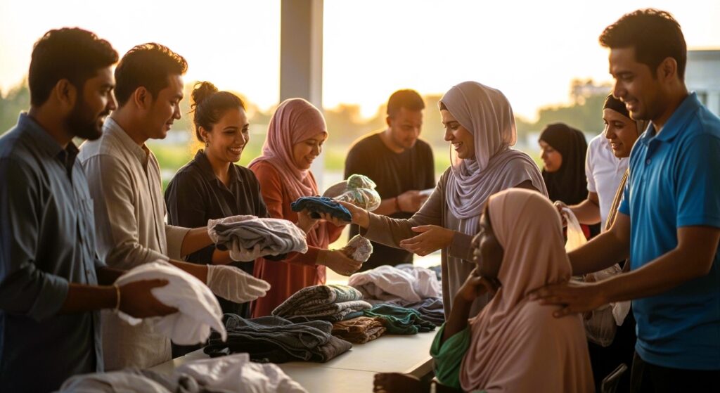 People giving charity and food to the needy during Ramadan