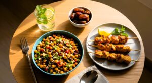A healthy Iftar spread featuring grilled chicken, chickpea salad, and dates for a nutritious Ramadan meal.