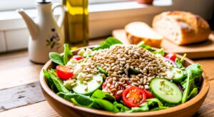 Roasted sunflower seeds added to a fresh salad.