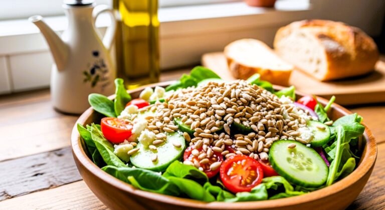 Roasted sunflower seeds added to a fresh salad.