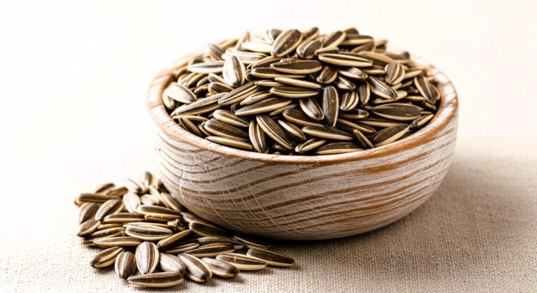 Raw sunflower seeds in a wooden bowl.