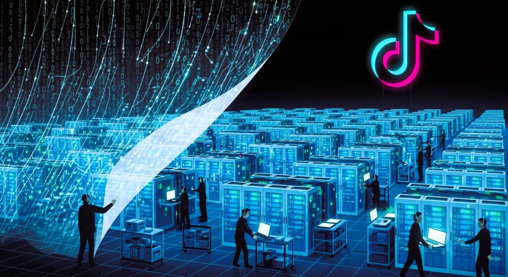 Illustration depicting the tension between big tech AI infrastructure and traditional Hollywood movie studios.