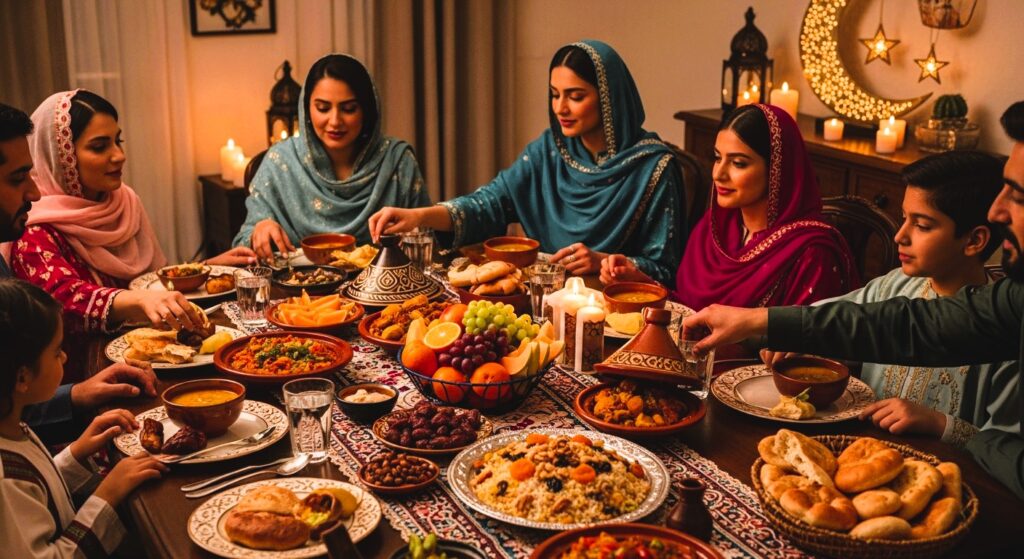 Table with traditional Suhoor and Iftar meals including dates and fruits during Ramadan