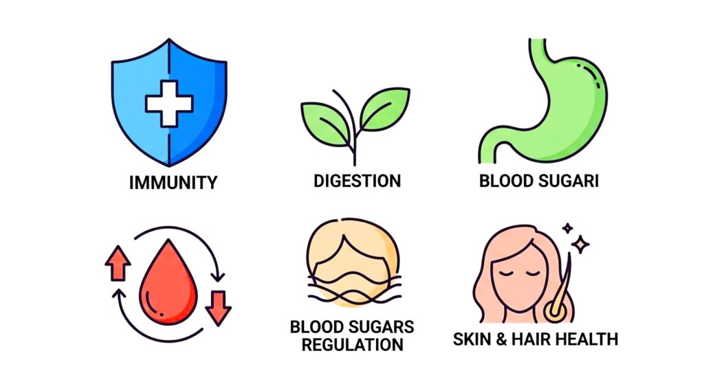 Infographic showing health benefits of black seeds: immunity, digestion, blood sugar, skin, and hair