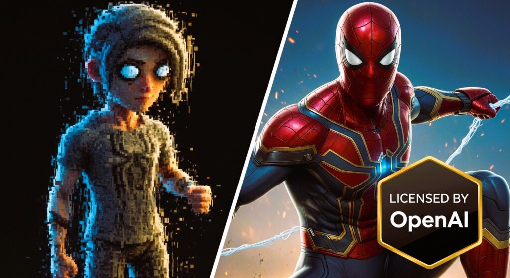 Visual comparison of unauthorized AI generation versus licensed studio partnerships.