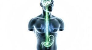 Diagram of the Gut-Brain Axis showing the Vagus Nerve connection between digestive health and mental clarity.