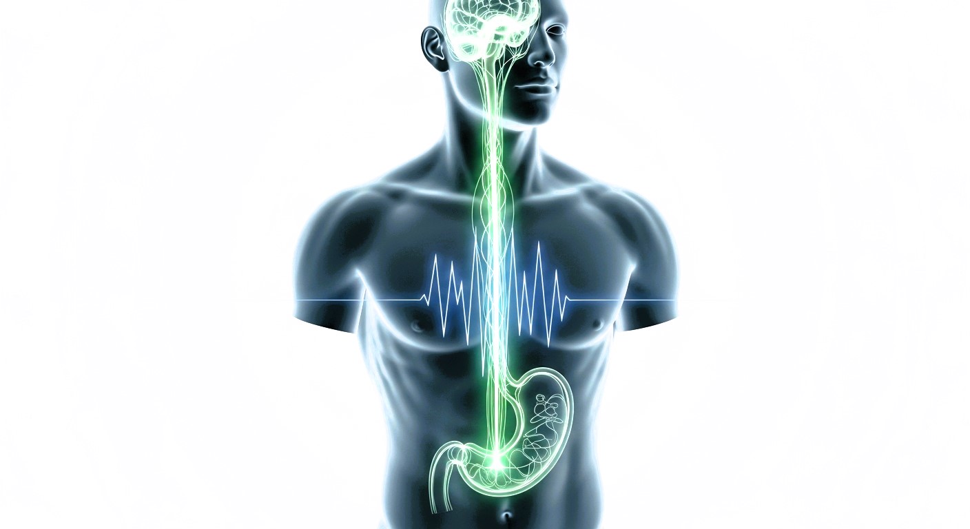 Diagram of the Gut-Brain Axis showing the Vagus Nerve connection between digestive health and mental clarity.